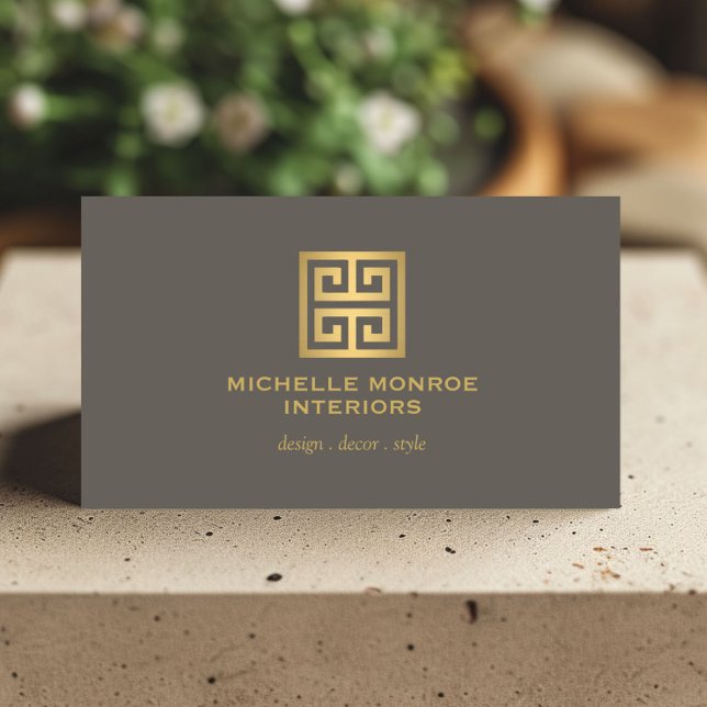 Elegant Greek Key Designer Logo Gold/Taupe Business Card (Creator Uploaded)