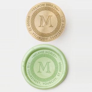 Elegant Greek Key Frame Name Address Monogram Wax Seal Stamp