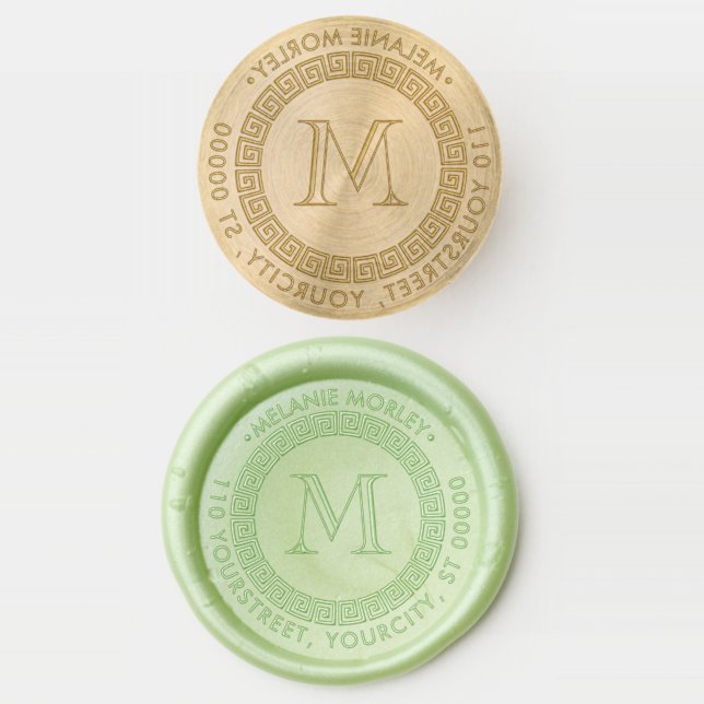 Elegant Greek Key Frame Name Address Monogram Wax Seal Stamp (Stamped)