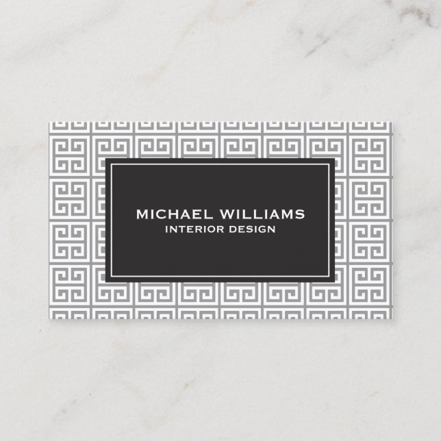 Elegant Greek Key Pattern in Gray/White Business Card (Front)