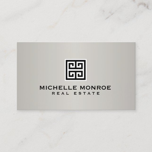 Elegant Greek Key Real Estate Logo Black/Gray Business Card (Front)