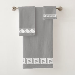 Elegant Greek Pattern Frame on Silver Gray Bath Towel Set