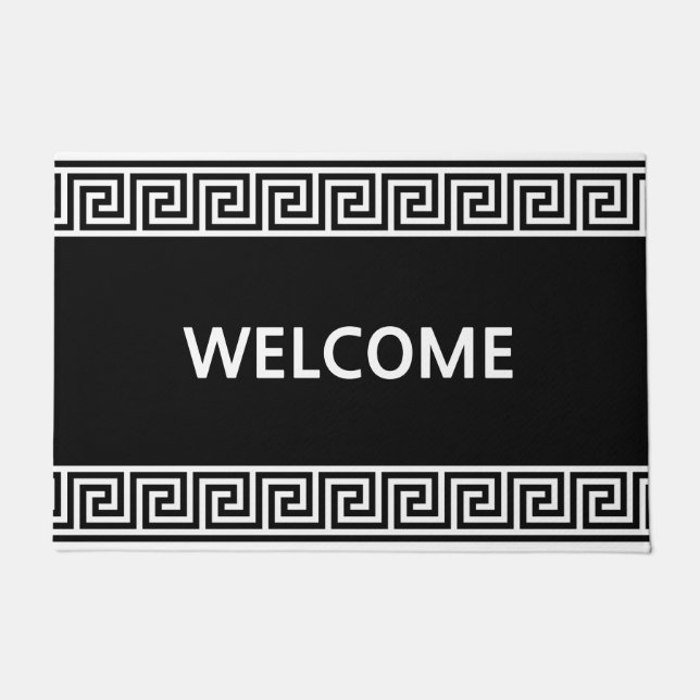 Elegant Greek Pattern on Black Doormat (Front)