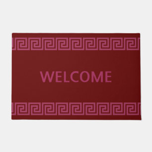 Elegant Greek Pattern on Burgundy Welcome Doormat