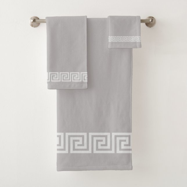 Elegant Greek Pattern on Light Silver Gray Bath Towel Set (Insitu)