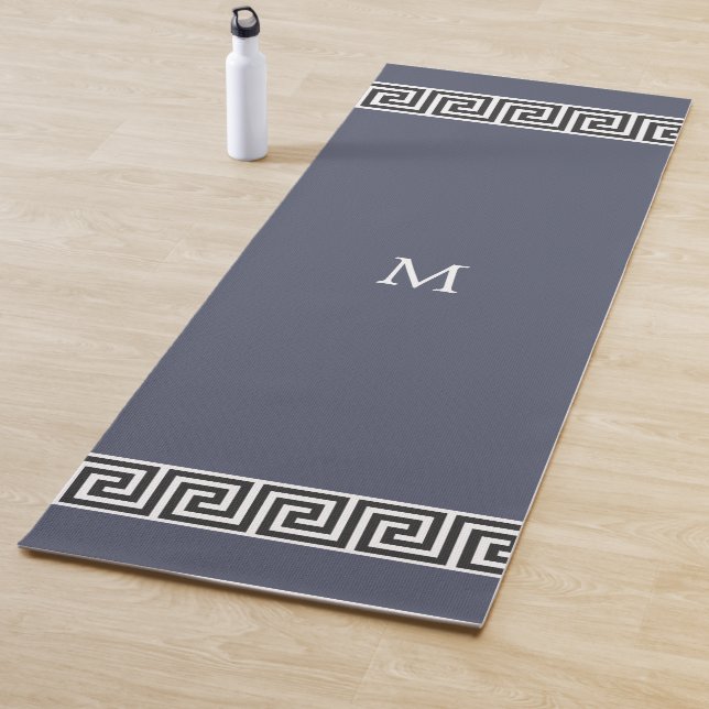 Elegant Greek Pattern on Monogrammed Gray Yoga Mat (In Situ)