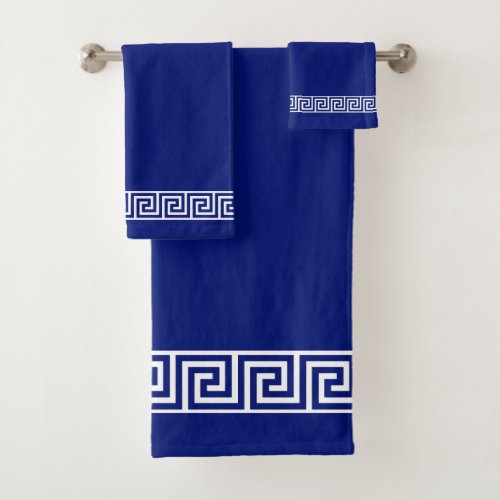 Elegant Greek Pattern on Navy Blue  White Bath Towel Set