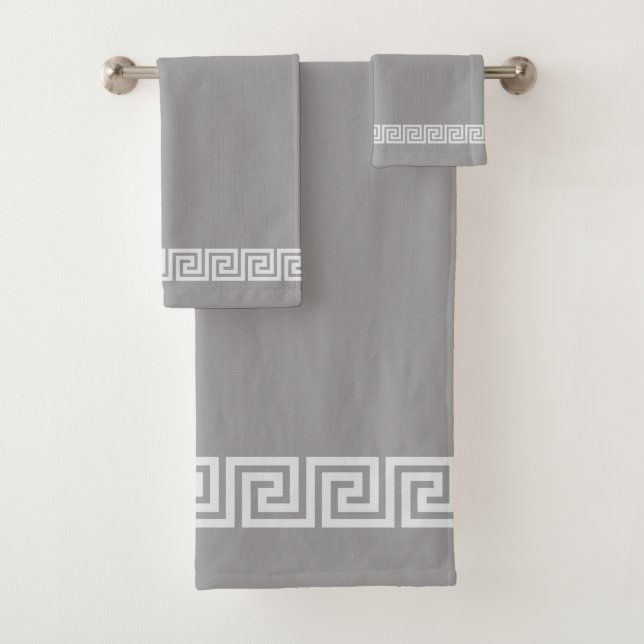Elegant Greek Pattern on Silver Gray Bath Towel Set (Insitu)