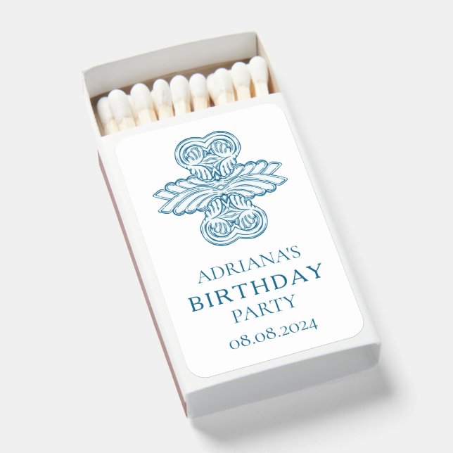 Elegant Greek themed birthday party in blue Matchboxes (Front Open)