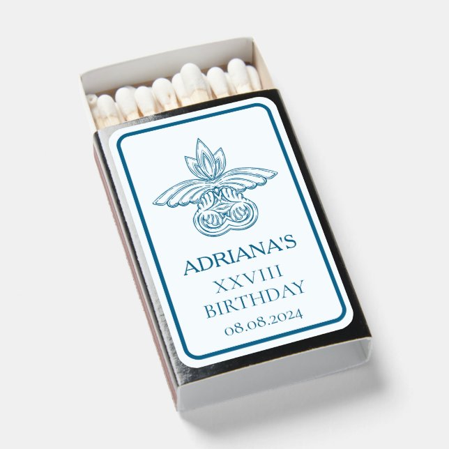 Elegant Greek themed birthday party in blue Matchboxes (Front Open)