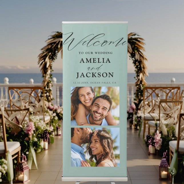Elegant Green 2 Photo Wedding Welcome Retractable Banner (Creator Uploaded)
