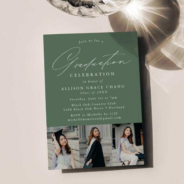 Elegant Green 3 Photo Graduation Party Invitation (Creator Uploaded)