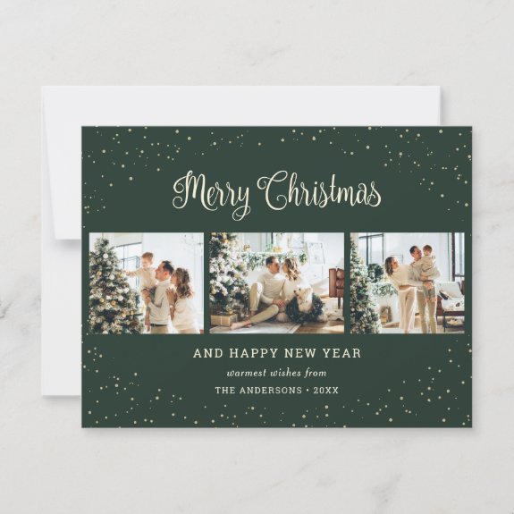 Elegant Green 3 Photo Merry Christmas Cards