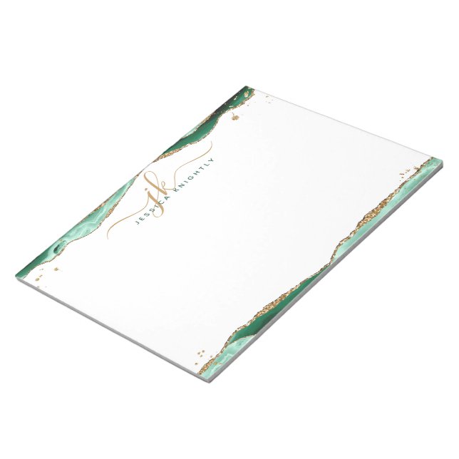 Elegant Green Agate Script Monogram Initials Notepad (Angled)