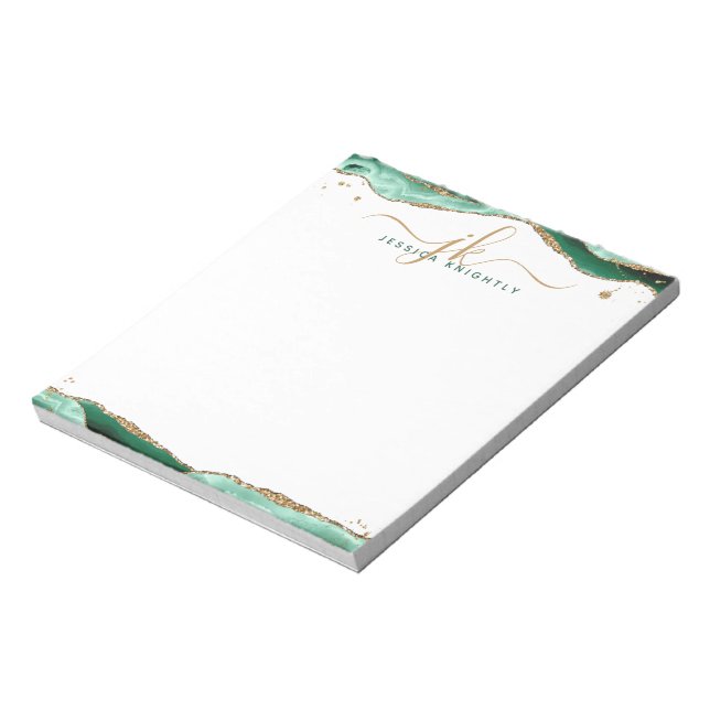 Elegant Green Agate Script Monogram Initials Notepad (Rotated)
