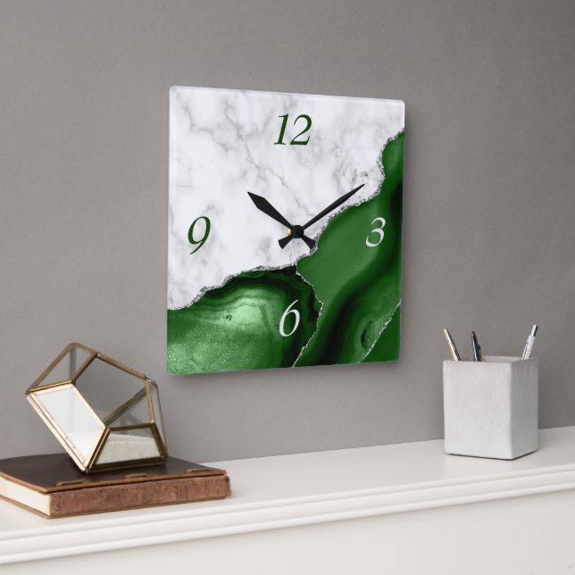Elegant Green Agate Silver Glitter Marble Square Wall Clock (Office)