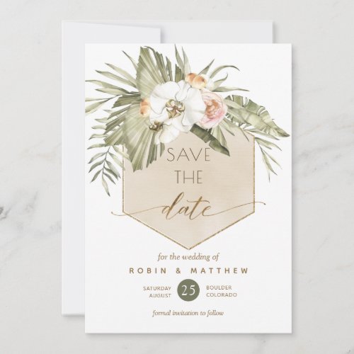 Elegant Green and Beige Palm Leaves Floral Save The Date