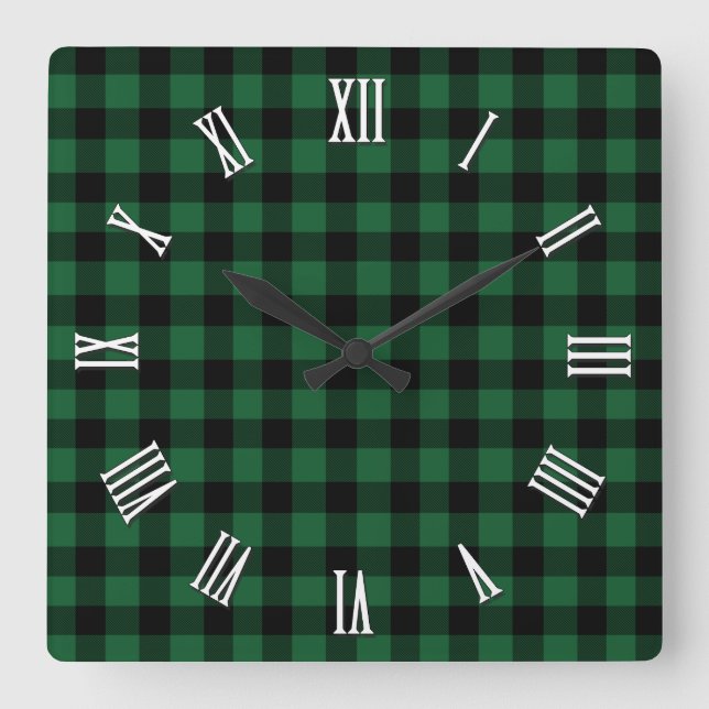 Elegant green and black buffalo plaid, checkered square wall clock (Front)
