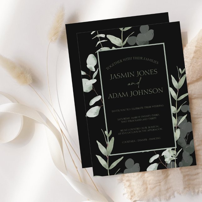 Elegant Green and Black Eucalyptus Wedding Invitation (Creator Uploaded)