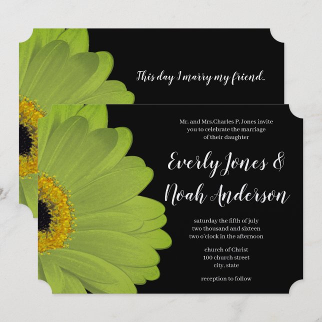 Elegant Green and Black Gerber Daisy Wedding  Invitation (Front/Back)