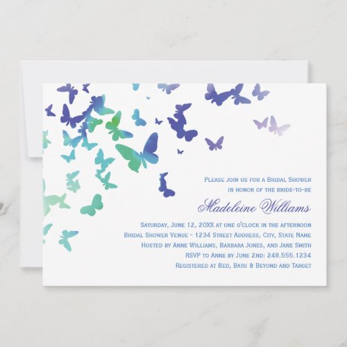 Elegant Green and Blue Butterflies Bridal Shower Invitation