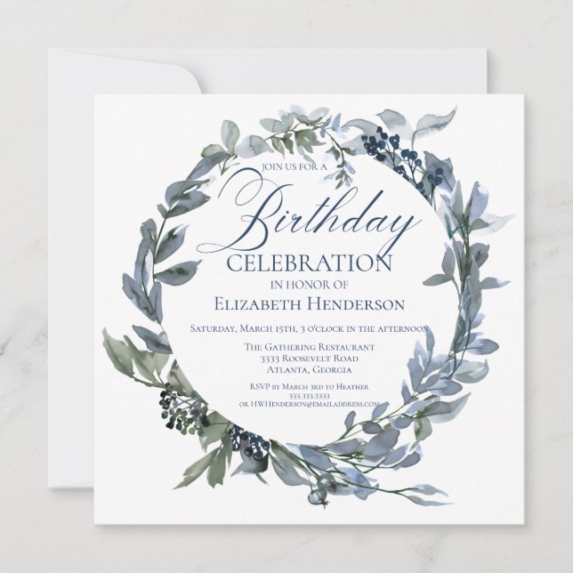 Elegant Green and Blue Floral Birthday Invitation (Front)