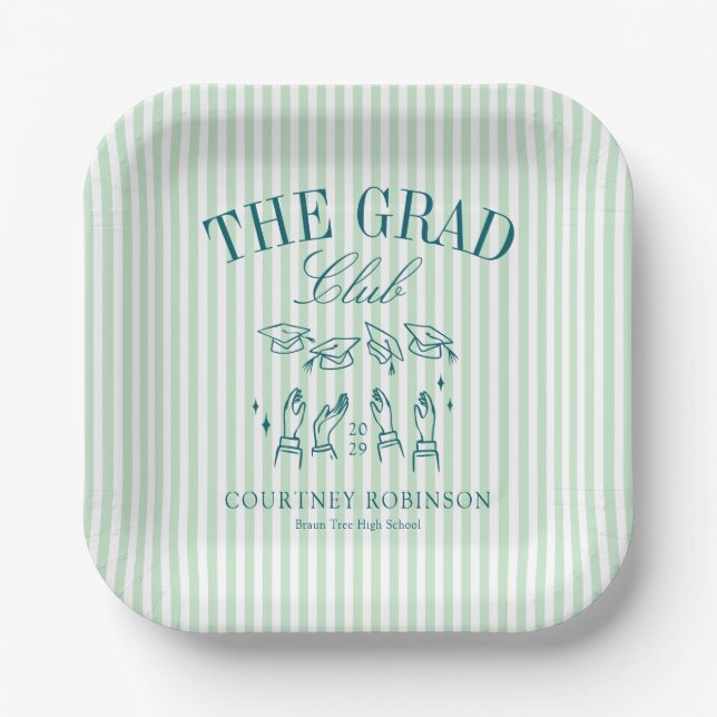 Elegant Green and Blue Grad Club Graduation Paper Plates (Front)