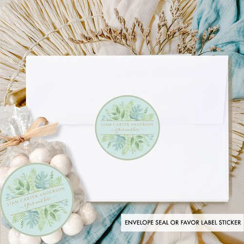 Elegant Green and Blue Watercolor Greenery Classic Classic Round Sticker