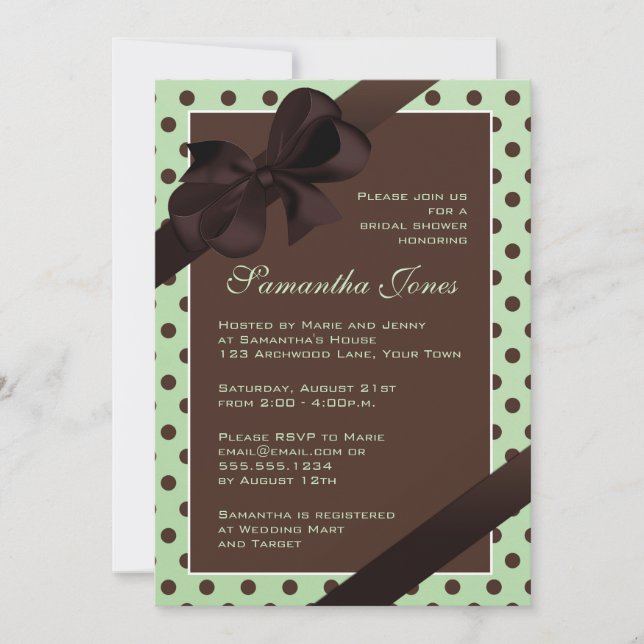 Elegant Green and Brown Polka Dot Bridal Shower Invitation (Front)