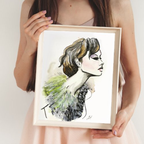 Elegant Green and Brown Watercolor Woman Portrait Poster