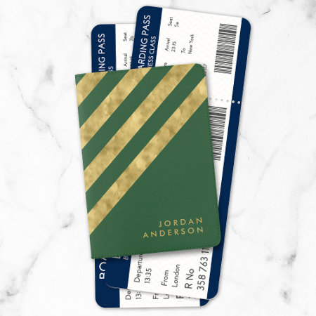 Elegant Green And Corner Faux Gold Stripes Name Passport Holder