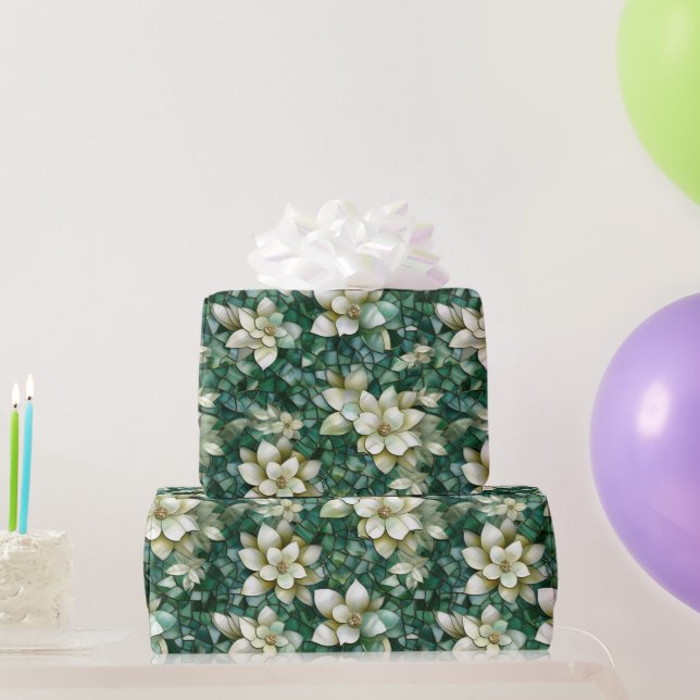 Elegant Green and Cream Flowers Mosaic Pattern Wrapping Paper (Party Gifts)