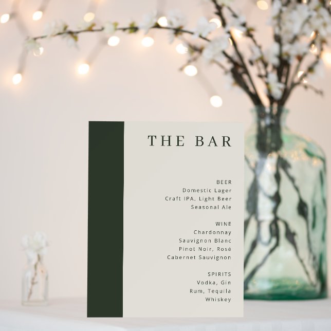 Elegant Green and Cream Serif Bar Menu Foam Board (In Situ (Wedding))