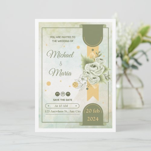 Elegant green and cream wedding invitation