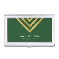 Elegant Green and Faux Gold Geometric Business Card Holder