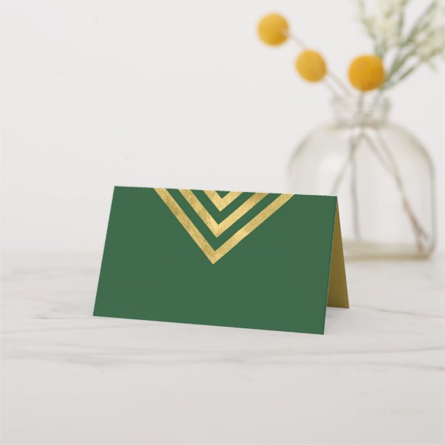 Elegant Green and Faux Gold Geometric Place Card (Front)