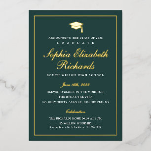 Elegant Green and Gold 3 Photo Graduation Foil Invitation