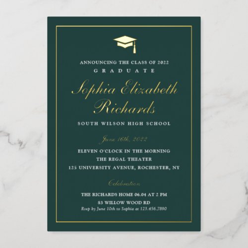 Elegant Green and Gold 3 Photo Graduation  Foil Invitation