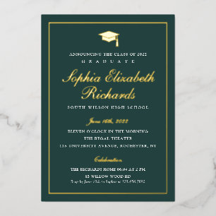 Elegant Green and Gold 3 Photo Graduation  Foil Invitation