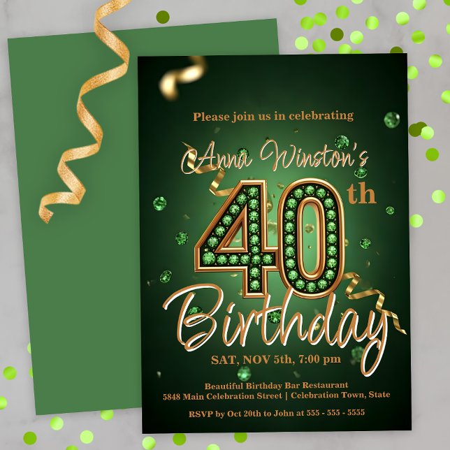Elegant Green and Gold 40th Birthday Celebration Invitation (Creator Uploaded)