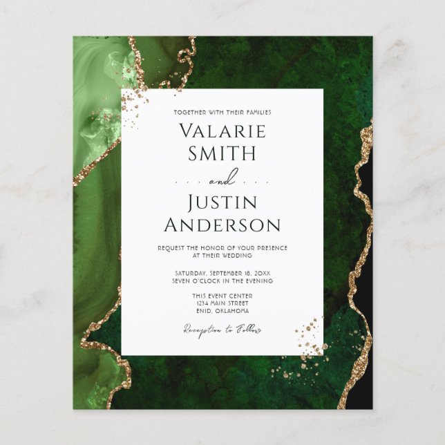 Elegant Green and Gold Agate Stone Budget Wedding  Flyer (Front)