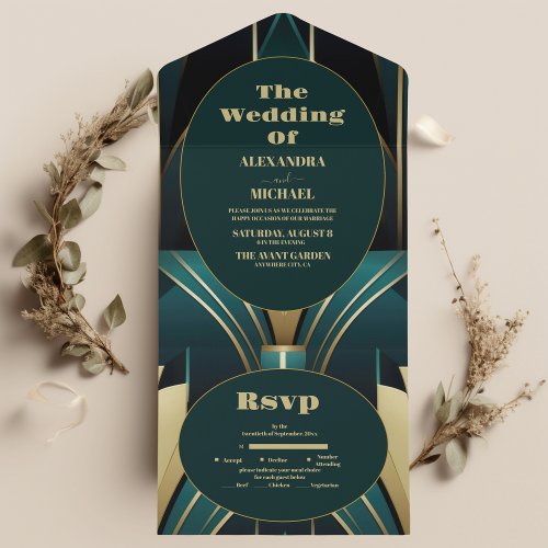 Elegant Green and Gold Art Deco Wedding  All In One Invitation