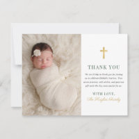 Elegant Green and Gold Baby Girl Baptism Photo Thank You Card