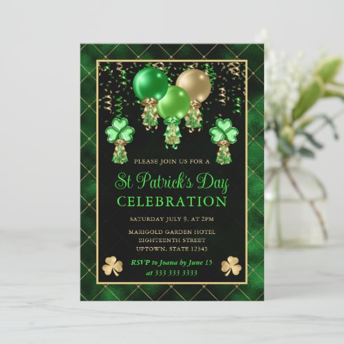 Elegant Green and Gold Balloons St Patricks Day Invitation