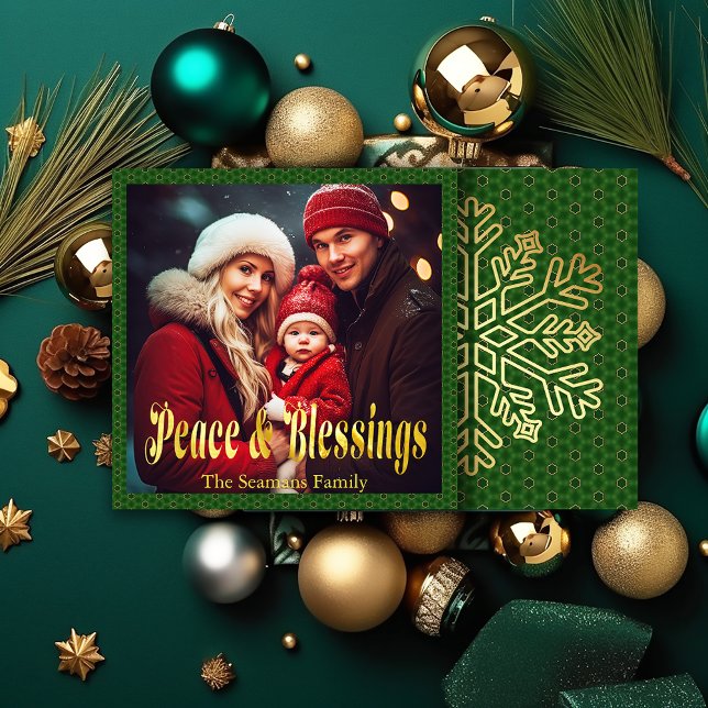 Elegant Green and Gold Christmas Photo and Script  (Festive Christmas Photo Holiday Script Greeting Card)