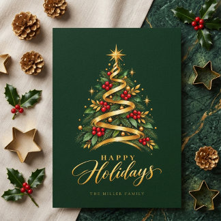Elegant Green and Gold Christmas Tree Holiday Card