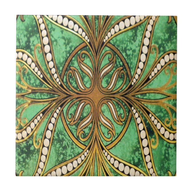 Elegant Green and Gold Damask Pattern Ceramic Tile (Front)