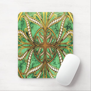 Elegant Green and Gold Damask Pattern Mouse Pad