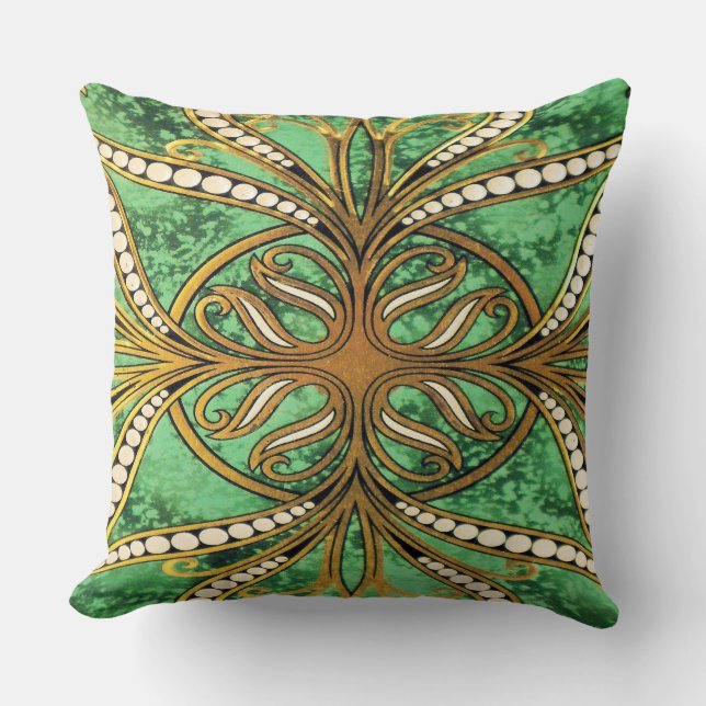 Elegant Green and Gold Damask Pattern Throw Pillow (Front)