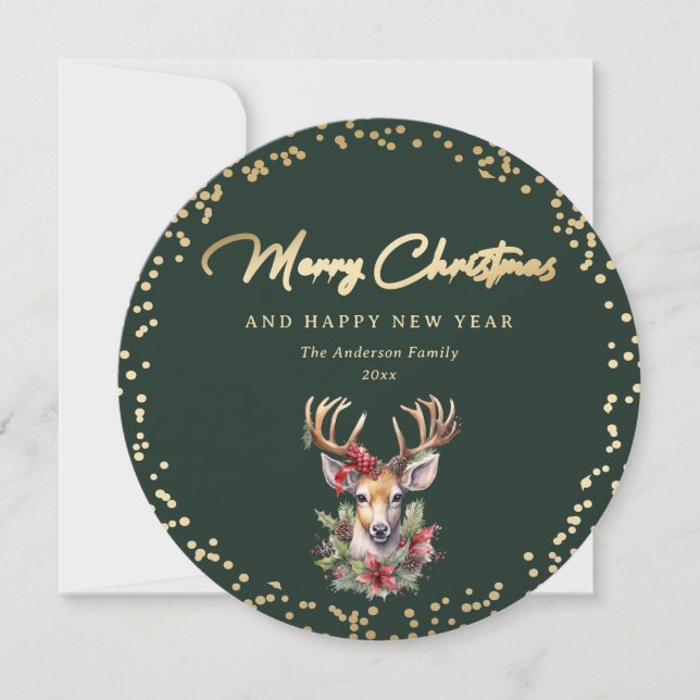 Elegant Green and Gold Deer Merry Christmas Holiday Card (Front)